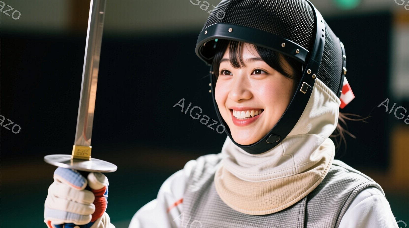 フェンシングのユニフォームを着た若い女性が写っています。彼女は笑顔で、フェンシングの剣をしっかりと握っており、自信に満ちた表情をしています。背景はぼやけていますが、体育館のような室内であることがわかります。