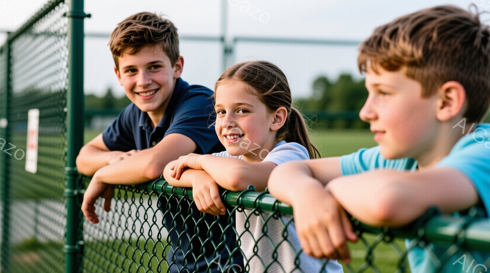 3人の子供たちが、緑色のフェンスに寄りかかりながらカメラを見ている。少年は濃い青色のシャツを着ており、短髪で笑顔を見せている。少女は白いシャツを着て髪をポニーテールにしており、明るく微笑んでいる。背景 - AI生成フリー素材