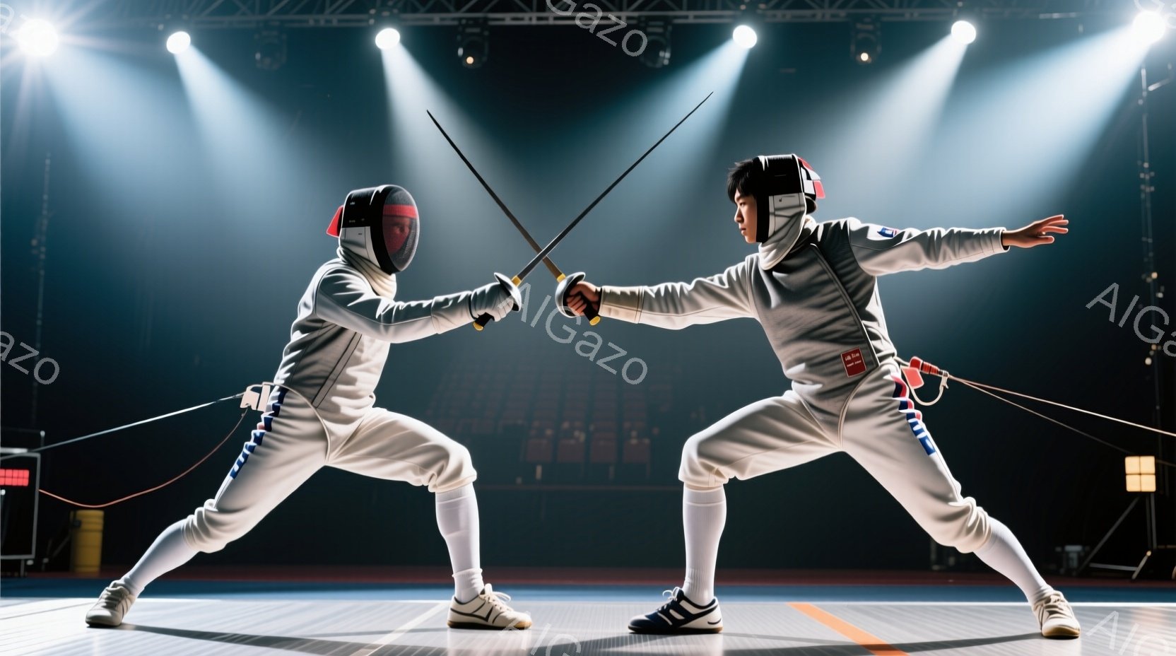フェンシングの競技者が2人写っており、お互いに剣を構えて対峙しています。白のフェンシングスーツとマスクを着用し、スポーティーなスニーカーを履いています。背景は暗く、競技場のような空間で、スポットライトが競技者を照らし、緊張感のある雰囲気を醸し出しています。