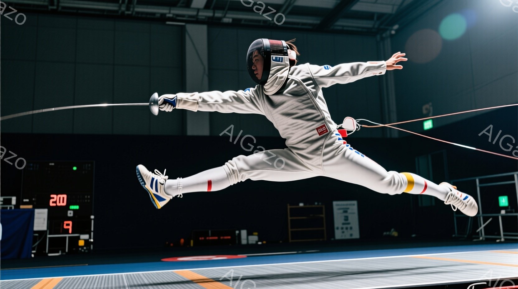 白いフェンシングスーツに身を包み、黒いヘルメットとマスクを着用した競技者が、空中で大きく踏み込んで剣を突き出している。競技者の姿勢は躍動感があり、筋肉質な脚と集中した表情が競技の激しさを物語っている。背景はフェンシング競技場内部で、金属製の構造物や観客席、デジタルスコアボードが見え、競技に集中した緊迫感のある雰囲気が漂っている。