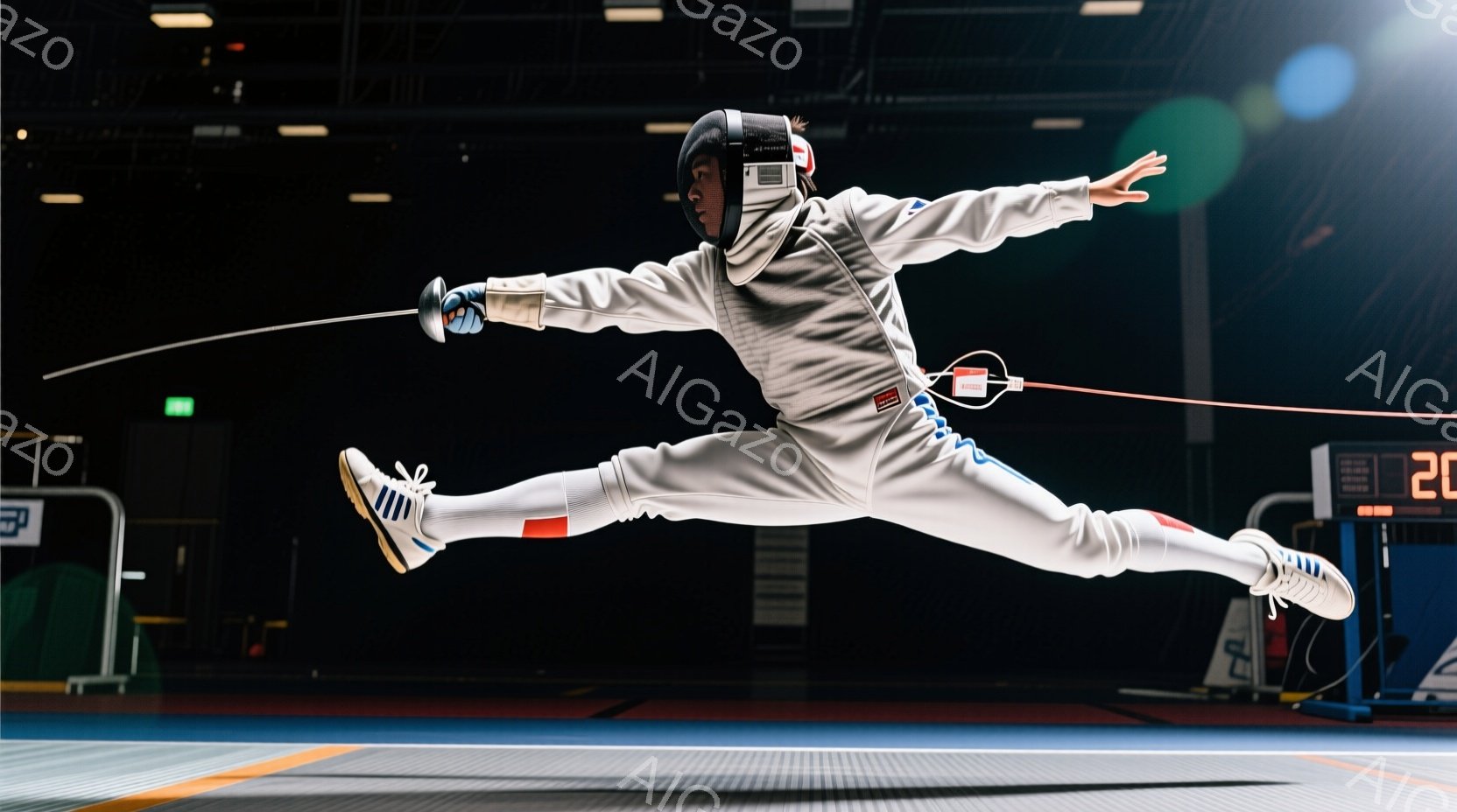 白いフェンシングスーツに身を包んだ競技者が、空中でのジャンプの瞬間が捉えられています。ヘルメットを着用しており、顔はほとんど見えませんが、躍動感あふれる姿勢から競技への集中が伝わってきます。背景はフェンシングコートで、暗い照明とコートの線が競技者の動きを強調し、緊迫感のある雰囲気を醸し出しています。