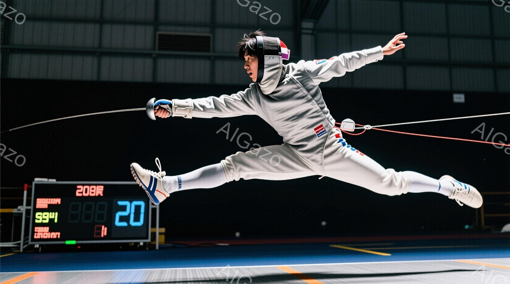 フェンシングの選手が、空中でダイナミックな姿勢で攻撃を繰り出している様子が捉えられている。白のフェンシングスーツに身を包み、顔にはマスクを装着、短髪で集中した表情をしている。背景にはフェンシングコートと観客席が見え、スコアボードには「888 20」という数字が表示されており、競技の緊張感が伝わってくる。