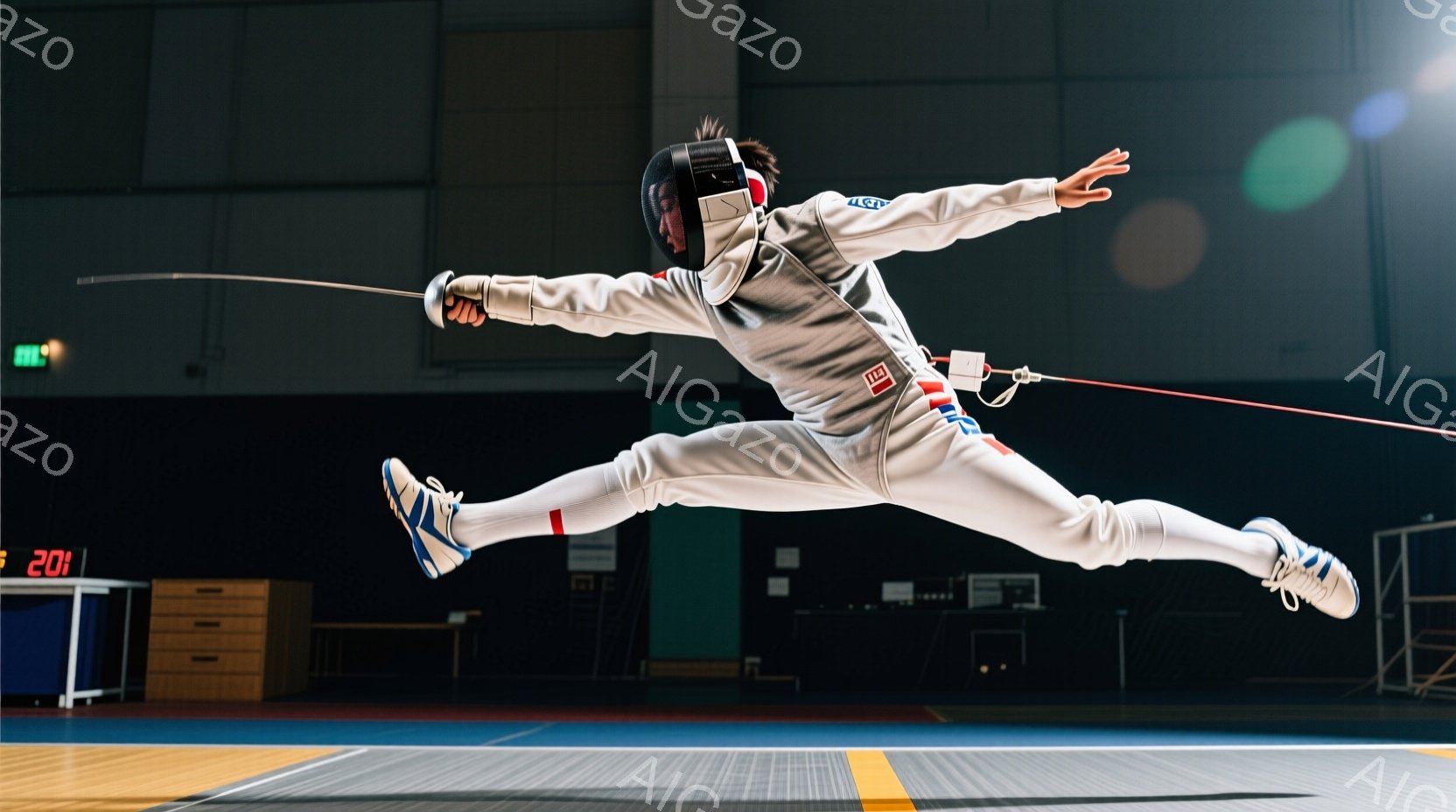 フェンシングの選手が、競技中に空中でジャンプしている様子が捉えられています。白いフェンシングスーツとヘルメットを着用し、剣を構えています。背景には、フェンシングコートと観客席が見え、競技場の照明が明るく照らし出されています。