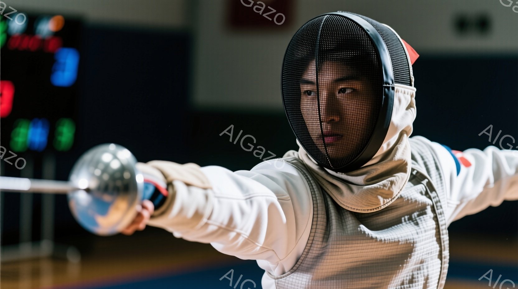 フェンシング選手が競技に集中してポーズをとっています。白いフェンシングスーツとヘルメットを着用し、フェンシングの剣を前に突き出しています。背景は屋内競技場の一部で、ぼやけた照明とぼやけた観客席が見えます。