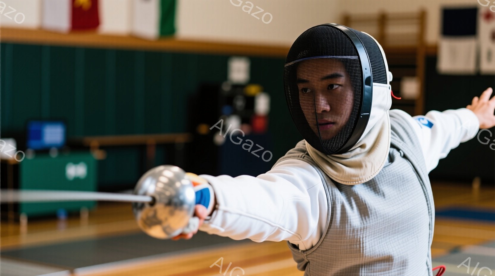 フェンシングの選手が競技中の様子が写っている。白と青のフェンシングスーツに身を包み、顔にはメッシュのマスクを着用している。選手は剣を前に突き出し、左腕を伸ばして構え、集中した表情で競技に臨んでいる。