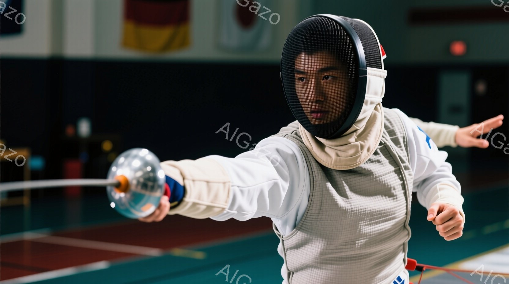 フェンシングの選手が競技中の様子が写っている。白いフェンシングスーツにヘルメットとマスクを着用し、剣を前に突き出した構えを取っている。背景にはフェンシングコートの床と壁が見え、競技会場の雰囲気が伝わってくる。