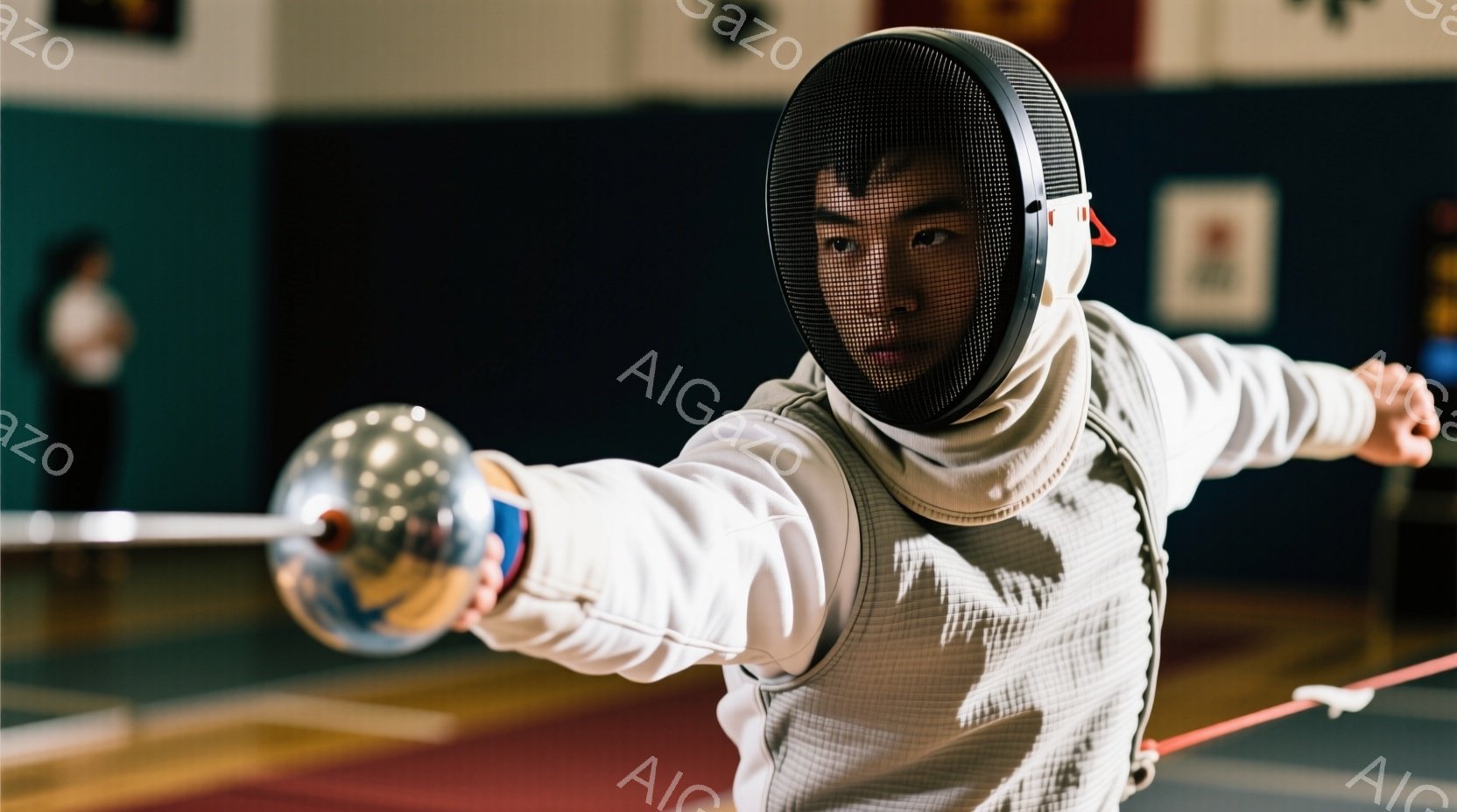 フェンシングの選手が、白と灰色のフェンシングスーツに身を包み、ヘルメットを被って試合に臨む姿が捉えられています。彼は剣を前に突き出し、集中した表情で相手を睨みつけており、力強い構えを見せています。背景にはぼやけたフェンシングコートと観客席が見え、競技場の雰囲気が伝わってきます。