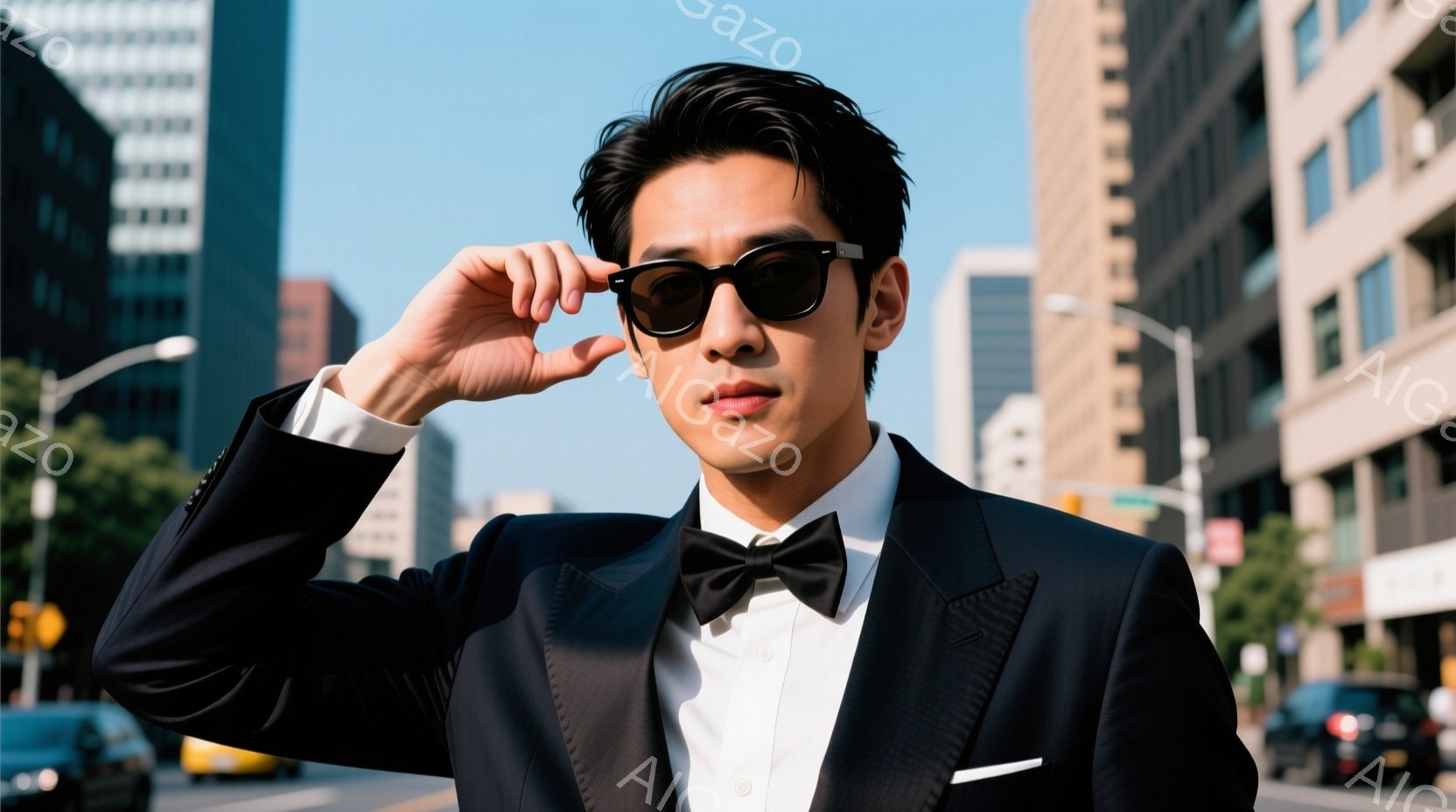 スタイリッシュな男性が、黒いタキシードに蝶ネクタイを締め、片手でサングラスを押し上げている。背景には高層ビルが立ち並び、日差しが強く晴天の都市の通りが広がっている。全体として洗練された雰囲気で、自信に - AI生成フリー素材