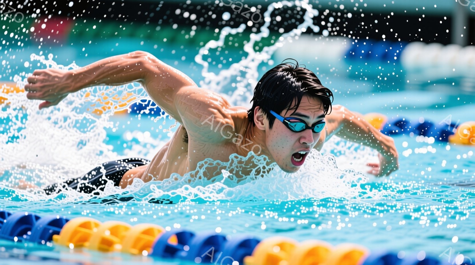 競技用水路で泳いでいる男性スイマーが写っている。彼は黒と白のスイムスーツを着用し、ゴーグルをかけており、顔は水面からわずかに上がり、集中した表情をしている。水面には水しぶきが飛び散り、彼は力強くクロールで泳いでいる様子が伝わる。