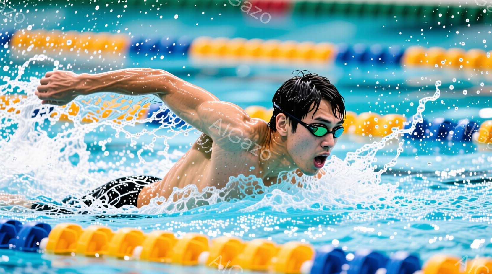 水泳選手が力強くクロールで泳いでいる様子が捉えられています。彼は黒と白の模様が入った水着を着用し、ゴーグルをかけており、顔は水面から少しだけ出て集中した表情をしています。背景にはプールの水面とレーンを示す黄色いフロートが見え、水しぶきが飛び交う様子から、競技の激しさと躍動感が伝わってきます。