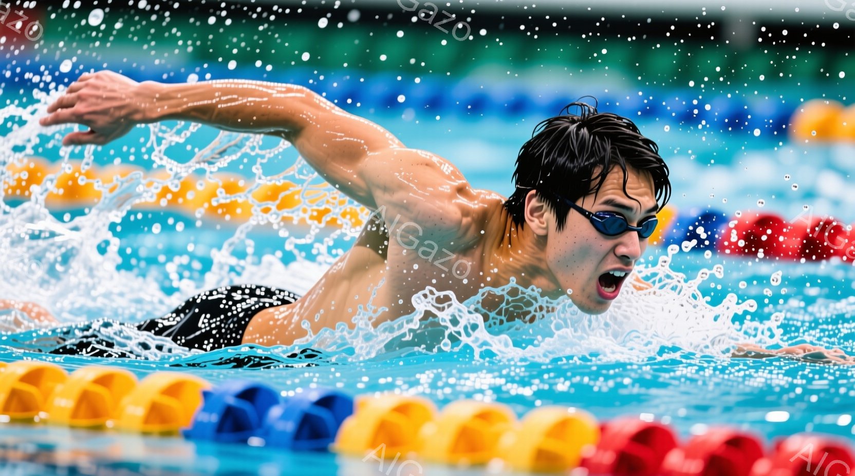 水泳選手が力強くクロールで泳いでいる様子が捉えられています。彼は黒い水着を着用し、水しぶきを上げながら、集中した表情で前へ進んでいます。背景には、フローティングブイが並び、水面の反射が光り、競技場の活 - AI生成フリー素材