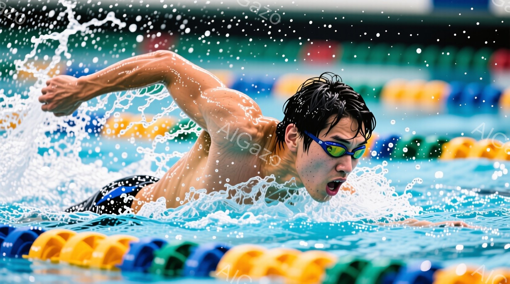 水泳選手が水中でクロール泳法で泳いでいる様子が捉えられています。彼はゴーグルと水着を身につけ、力強い表情で腕を大きく回しています。背景には、水面の波紋と、プールを区切る黄色いフロートが見え、競技場の活 - AI生成フリー素材