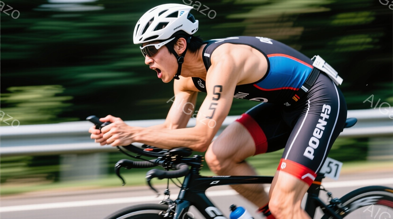 トライアスロン選手が自転車で走行している瞬間を捉えたものです。黒いトライスーツと白いヘルメットを着用し、集中した表情でハンドルを握り、前傾姿勢でスピードに乗っています。背景には緑豊かな木々が見え、晴天 - AI生成フリー素材