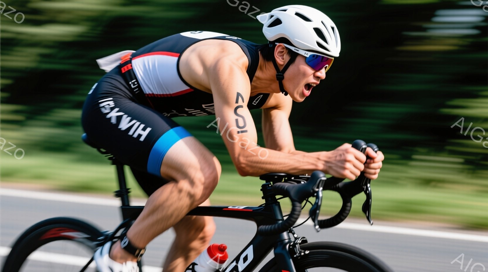 自転車競技者がレース中に写っている写真です。彼は黒と青のサイクルウェア、ヘルメット、サングラスを着用し、激しい表情で前を見据えています。背景には緑豊かな木々とぼやけた道路が見え、快晴の屋外での競技が行われている様子が伺えます。