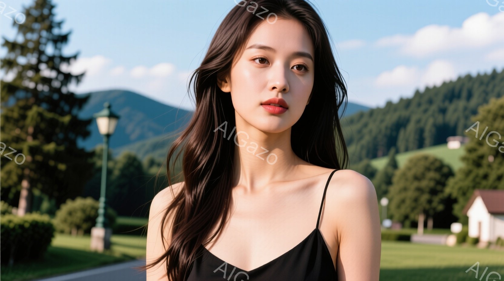 長い黒髪を肩から下でなびかせている女性が写っている。彼女は黒いキャミソールを着ており、少し微笑んだ表情でカメラを見ている。背景には緑豊かな丘と建物があり、晴れた日の穏やかな雰囲気が漂っている。 - AI生成フリー素材