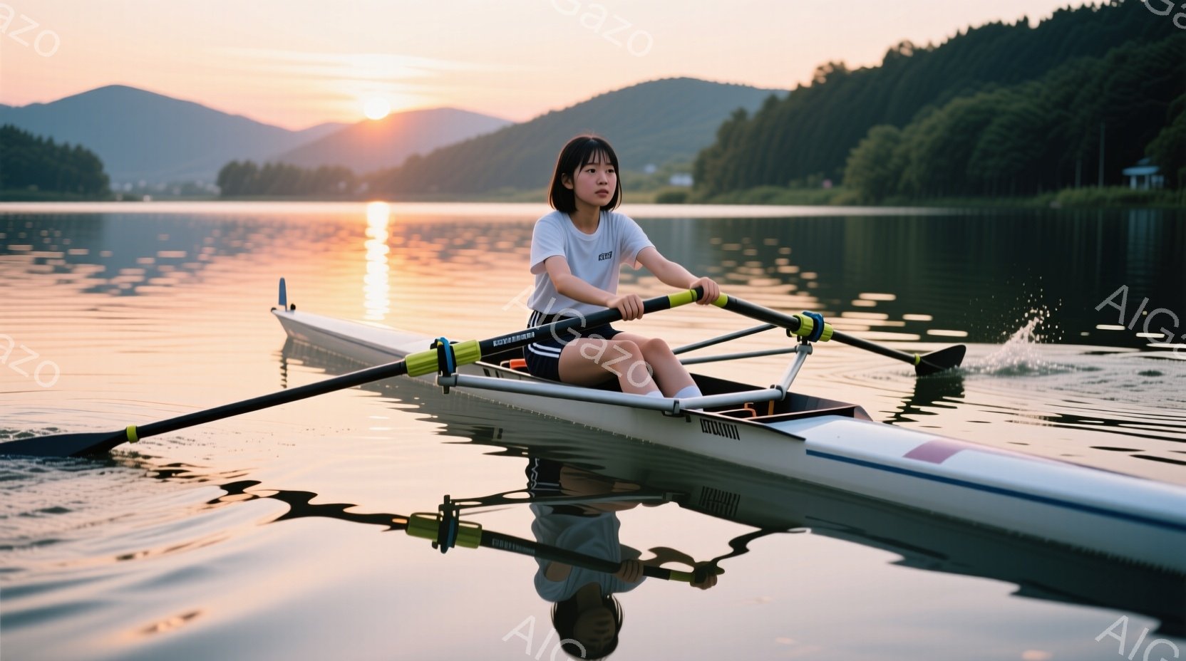若い女性がボートに乗って水面を滑るように進んでいる。彼女は白いTシャツと黒いショーツを着ており、長い黒髪を後ろでまとめて、前方をまっすぐ見つめている。背景には穏やかな湖と緑豊かな山々が広がり、夕焼けの光が水面に反射して、穏やかで静かな雰囲気を醸し出している。