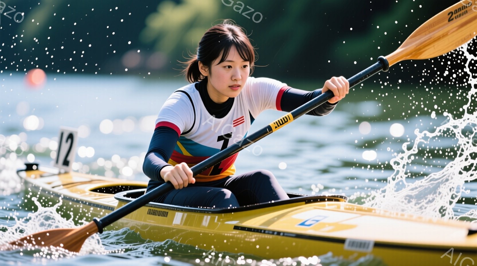 カヌーに乗った女性アスリートが写っている。彼女は白地に赤と青のラインが入ったカヌー競技用のウェアを着用し、髪をポニーテールにしている。水しぶきが上がり、彼女は集中した表情で漕ぎを進めている。 - AI生成フリー素材