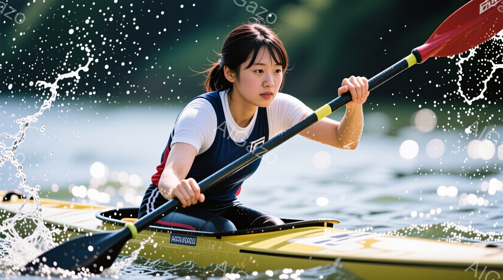 カヤックに乗った若い女性が写っている。彼女は黒い髪を後ろで束ね、濃い緑色のカヤックウェアと黒いショートパンツを着用し、集中した表情で漕いでいる。背景には緑豊かな自然と水面が広がり、水しぶきが勢いよく舞い上がっている。