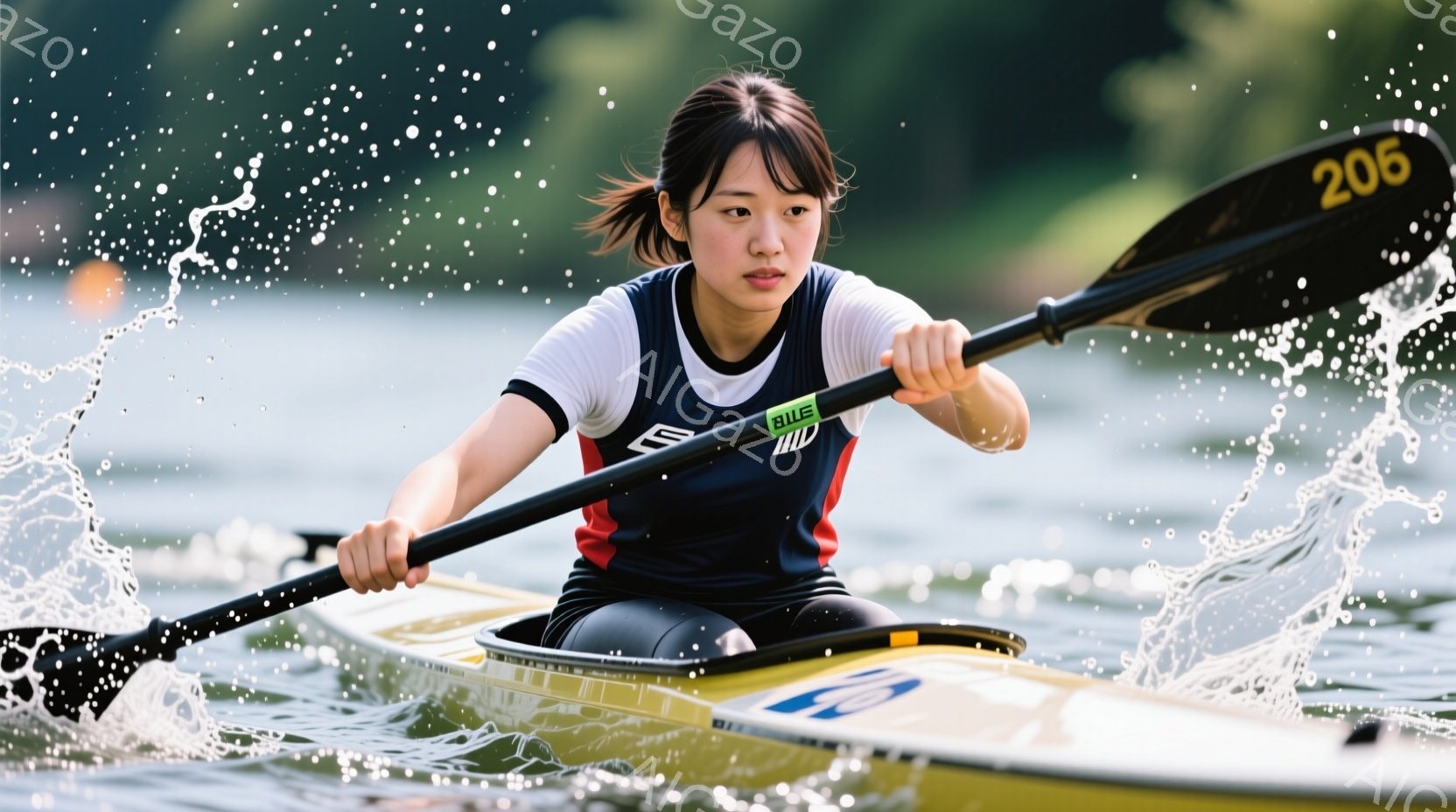カヌーに乗った女性アスリートが写っている。彼女は黒髪をポニーテールにし、青と黒のユニフォーム姿で、集中した表情で漕ぎ手を使ってカヌーを推進している。水しぶきが飛び散り、背景にはぼやけた緑の自然が見え、競技の活気と緊張感が伝わる。