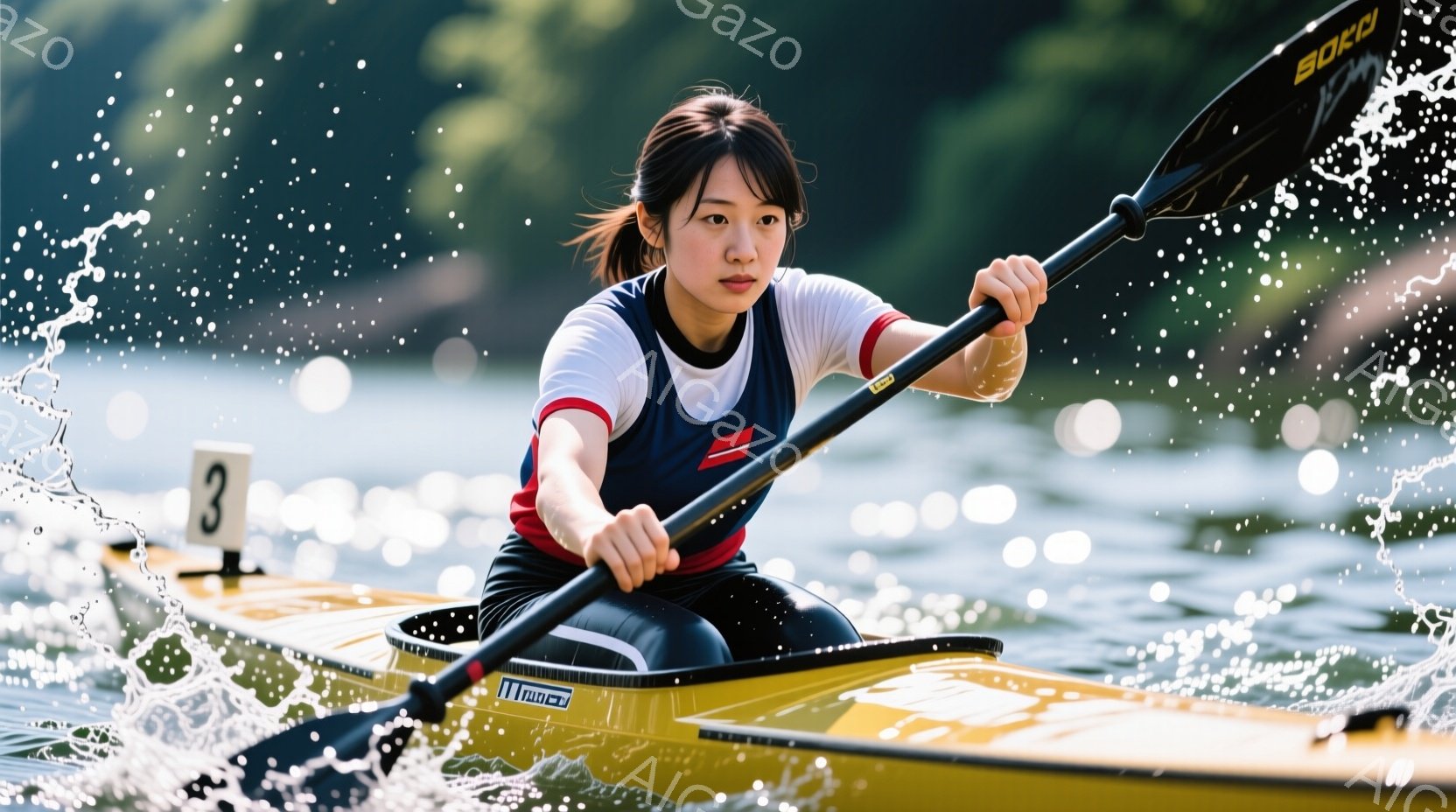 カヤックに乗った女性が写っており、集中した表情で漕ぎを進めています。彼女は黒い髪を後ろで束ね、白いTシャツに黒いボトムスというスポーティーな服装です。背景には水しぶきとぼやけた自然があり、競技やトレーニングの様子を連想させる活気ある雰囲気です。
