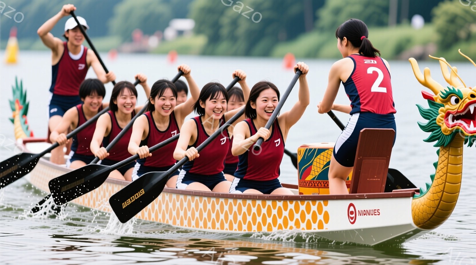鮮やかな赤いユニフォームを着た女性たちが、ドラゴンボートで漕ぎ進んでいます。皆、笑顔で力強くオールを操り、団結した様子が伝わってきます。背景には緑豊かな自然が広がり、水面にはオールでかき立てられた水しぶきが飛び散り、活気にあふれた夏の光景です。