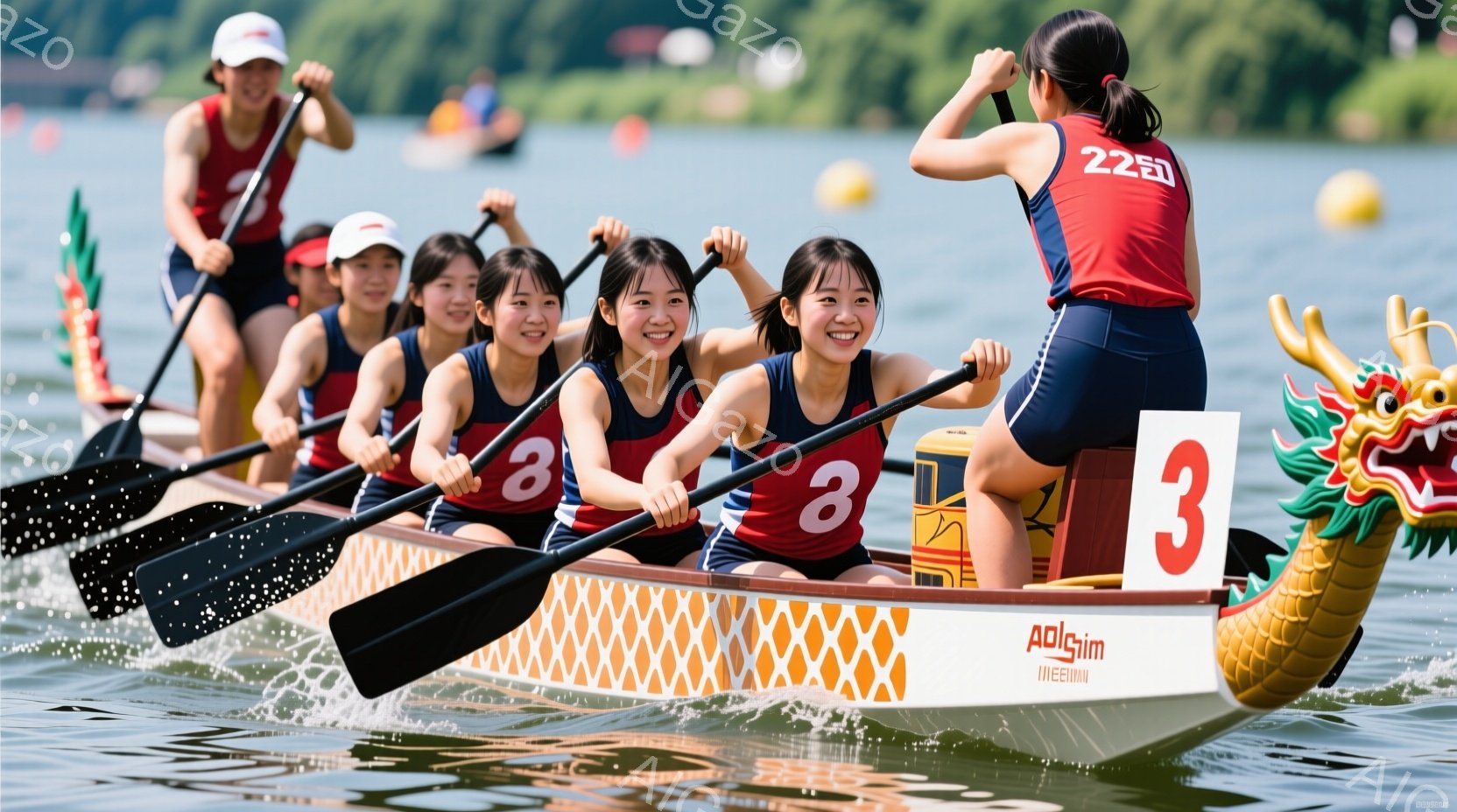 少女たちがドラゴンボートに乗って漕いでいる様子が写っている。彼女たちは赤いタンクトップと紺色の短パン姿で、髪をポニーテールにしている。背景には緑豊かな自然と穏やかな湖が広がり、晴天の下で活気あふれる雰囲気が漂っている。