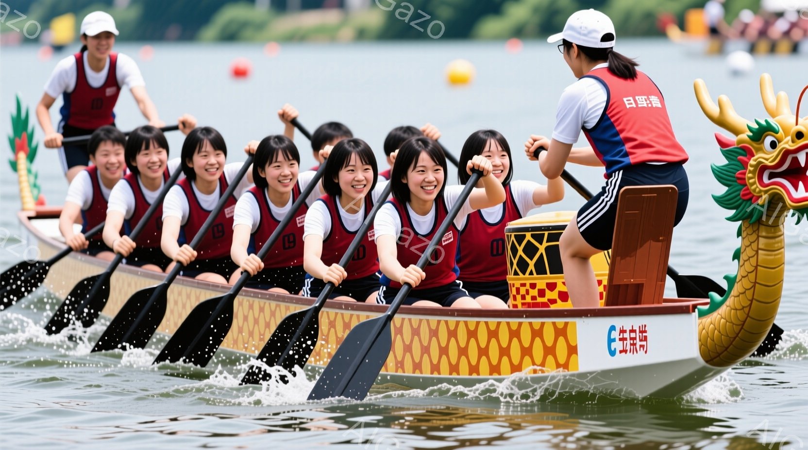 少女たちは、黒いショートパンツと赤いタンクトップを着て、竜の頭が付いた伝統的なドラゴンボートに乗っています。彼女たちは皆笑顔で、オールを力強く漕いでおり、競争心と楽しさが伝わってきます。背景には穏やかな湖と緑豊かな風景が広がり、晴れた空の下、活気あふれる夏の日の様子が描かれています。