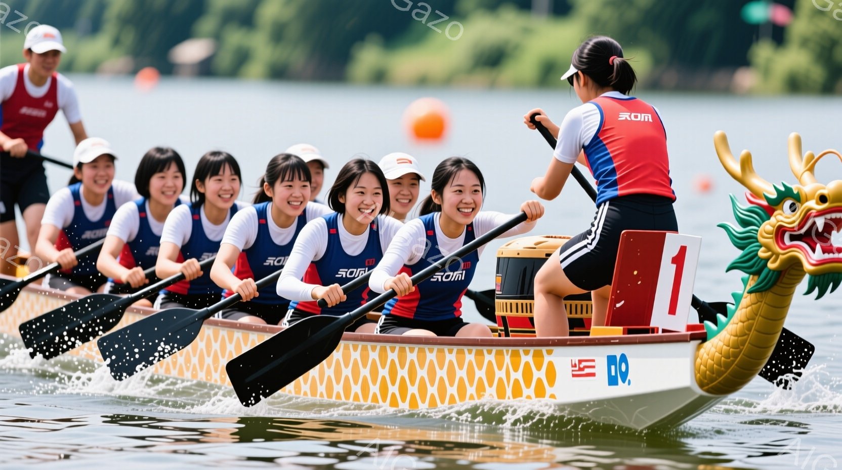 鮮やかな赤い龍頭を持つドラゴンボートに、若い女性たちが乗り込んで競漕している様子が写っている。彼女たちは皆、白い帽子と赤い縁取りの黒いユニフォームを着用し、笑顔で力強く漕ぎを進めている。背景には穏やか - AI生成フリー素材