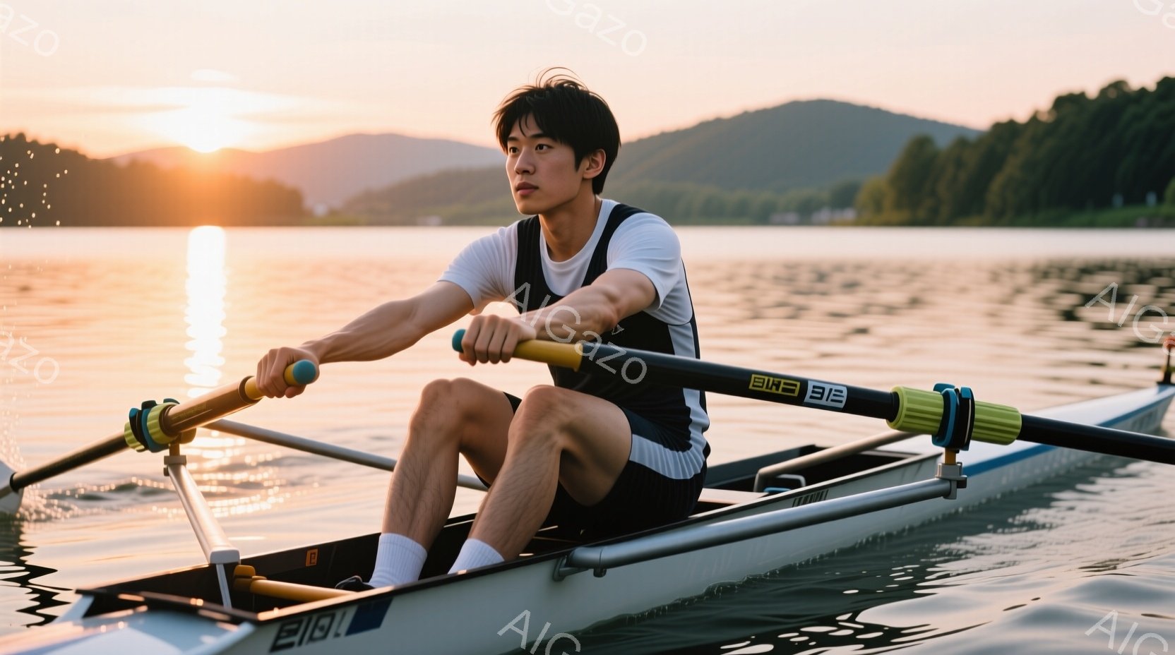 若い男性がボートに乗って漕いでいる様子が写っている。彼は白いタンクトップと黒いショートパンツを着用し、短髪で引き締まった表情をしている。背景には穏やかな湖と、夕焼けに照らされた緑豊かな山々が広がり、静かで集中した雰囲気を醸し出している。