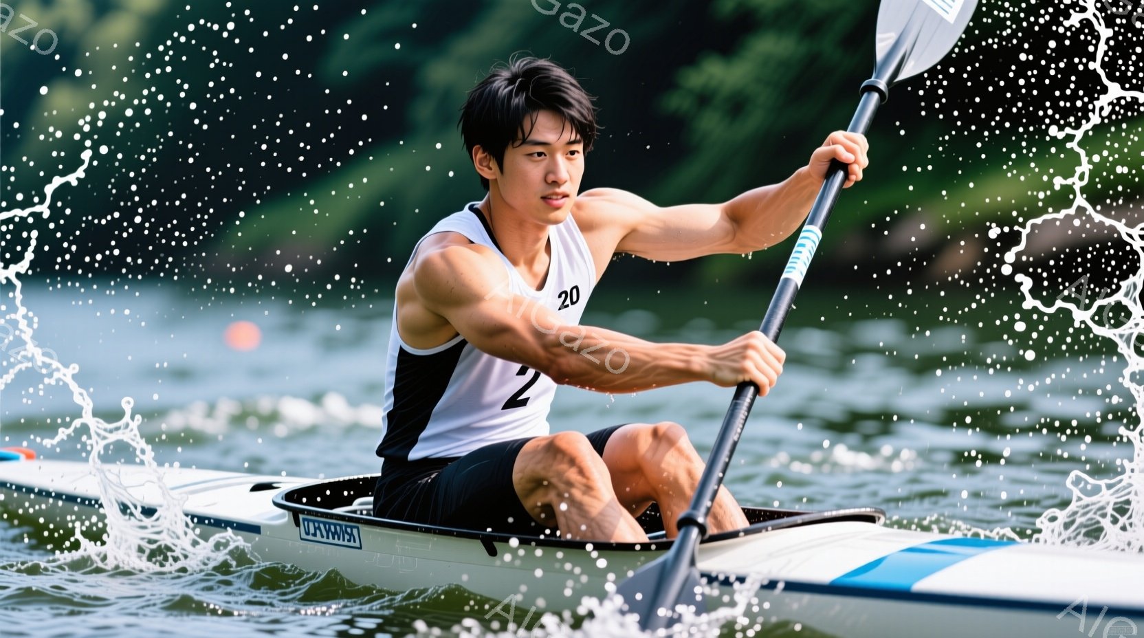 カヌーに乗った若い男性が写っている。彼は黒と白のタンクトップと黒い短パンを着用し、力強く漕ぎを進めている。背景は水面と緑豊かな自然で、水しぶきが躍動感を高めている。