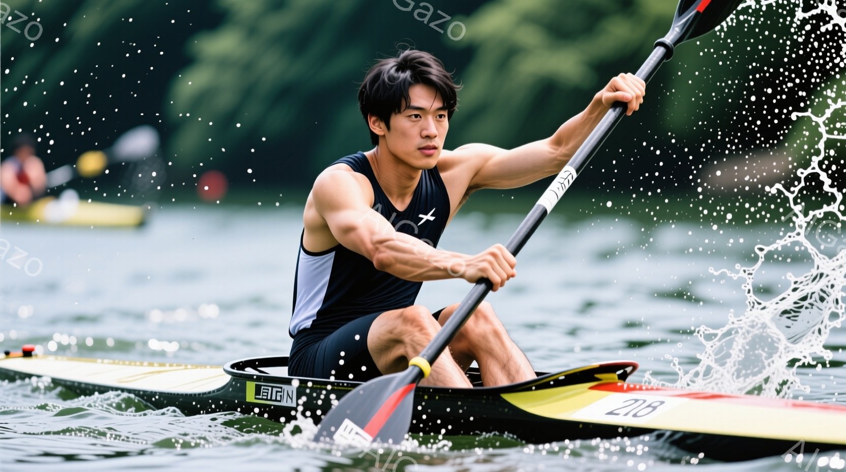 カヌー競技の選手が、水面を力強く漕いでいる様子が写っている。黒いカヌーウェアに、短髪で引き締まった表情の選手は、集中して漕ぎを進めている。背景には緑豊かな木々が見え、水面には水しぶきが飛び散り、競技の - AI生成フリー素材