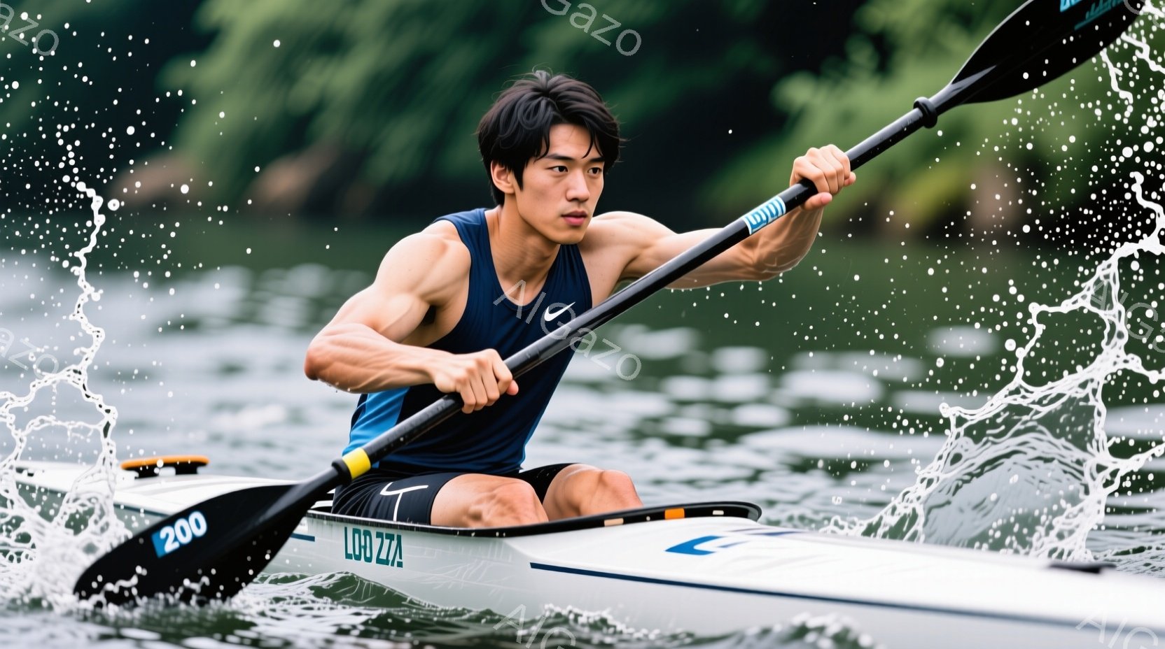 若い男性がカヌーに乗って水面を力強く漕いでいる様子が捉えられています。彼は青いタンクトップを着用し、短髪で引き締まった表情をしています。背景は緑豊かな自然で、水しぶきが勢いよく飛び散り、活気ある競技の雰囲気を醸し出しています。