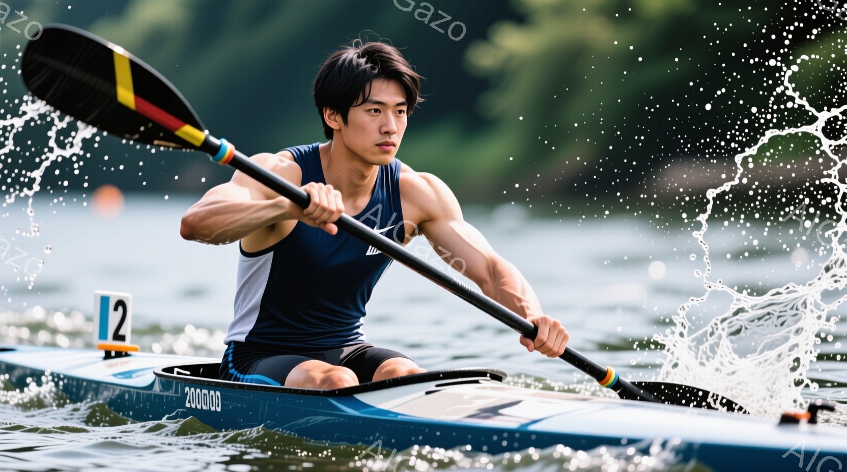 紺色のレーシングカヌーに座る男性アスリートは、力強く漕ぎを進めている。短く整えられた黒髪と、集中した表情が印象的で、筋肉質な上半身がその鍛えられた体を物語る。背景には緑豊かな自然が広がり、水しぶきが躍動感あふれる、競技の緊張感と躍動感を捉えた一枚だ。