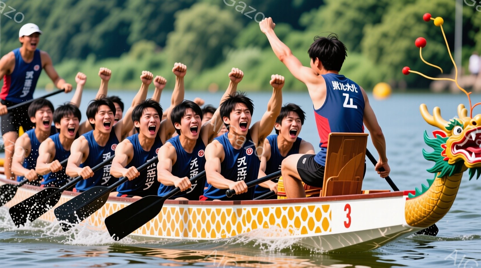 複数の漕ぎ手が、鮮やかな色彩の竜の頭部が飾られた細長い竜船に乗って、激しく漕いでいる様子が写っている。彼らは黒いユニフォームに短髪で、顔を真っ赤にして勝利に向かって叫んでいるように見える。背景には水面と緑豊かな自然が広がり、晴天の下、活気に満ちた競技の雰囲気が伝わってくる。