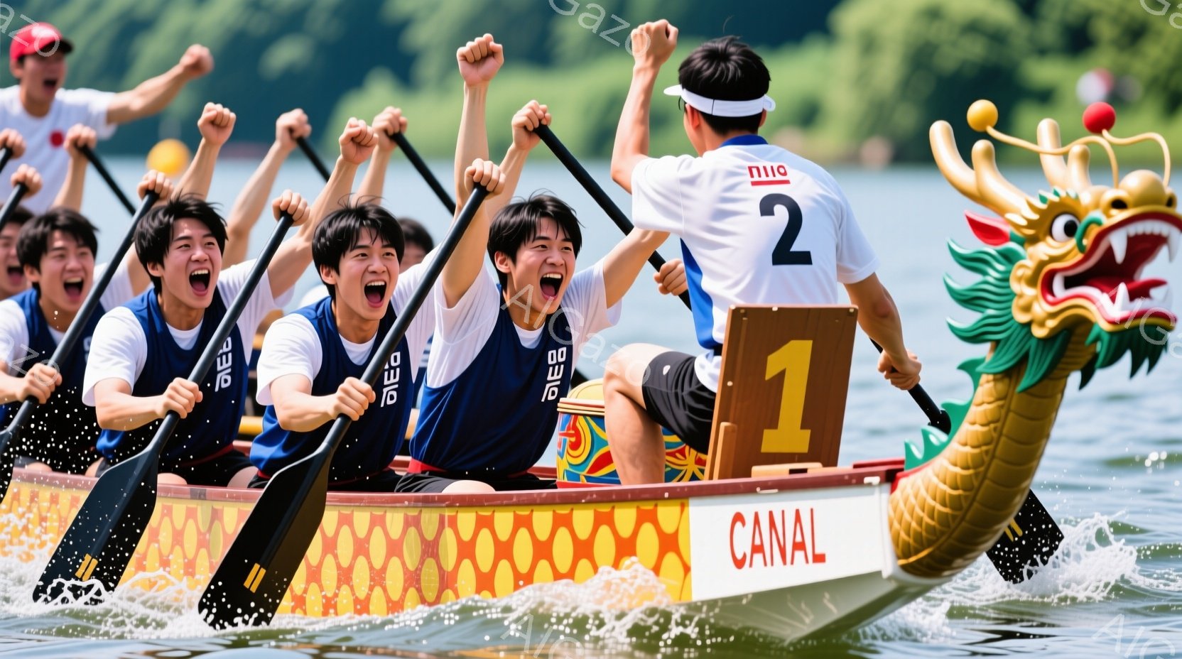 鮮やかな青色のユニフォームを着用した若い男性たちが、ドラゴンの頭部が取り付けられたカヌーを漕いでいる様子が写っている。彼らは皆、力強く漕ぎ、顔には興奮と集中が表れている。背景には緑豊かな木々が見え、水面には水しぶきが上がり、活気に満ちた夏の日の競技の様子が伝わってくる。