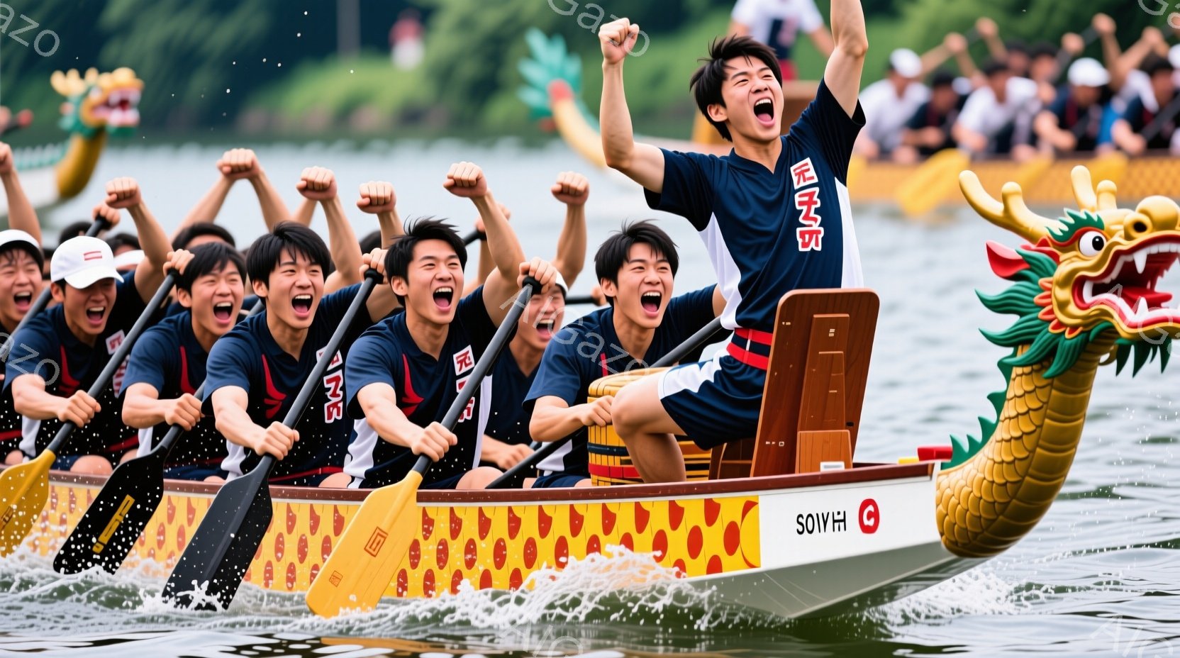 龍の頭部が飾られたボートに、若い男性たちが青と白のユニフォーム姿で乗り込み、力強く漕いでいる様子が写っている。彼らは皆、髪を短く整え、顔を真っ赤にして叫びながら、勝利を目指して奮闘している。背景には水面と緑豊かな自然が広がり、活気に満ちた夏の競技会の雰囲気が伝わってくる。