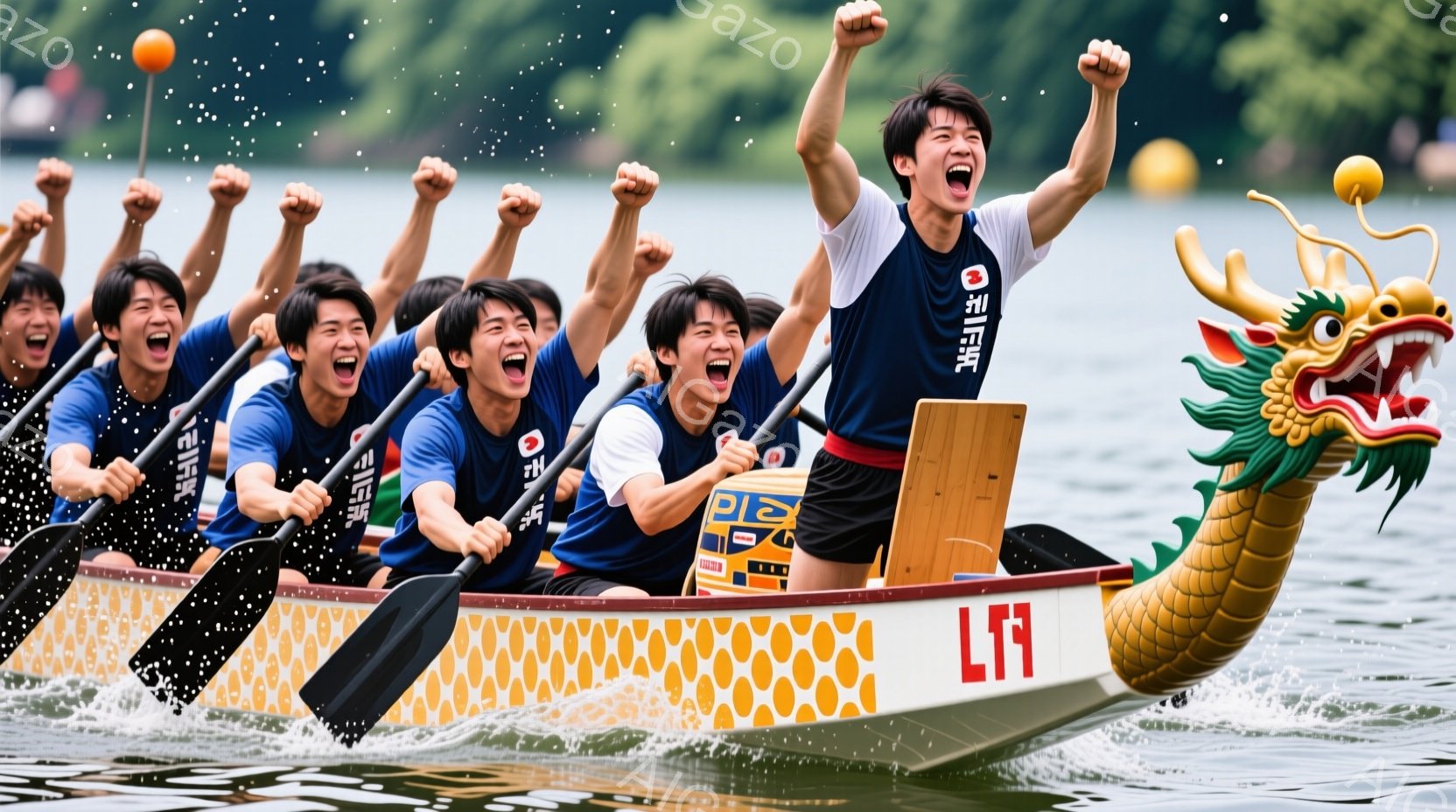 競技者たちは鮮やかな青色の半袖シャツと黒色の短パン姿で、龍の頭飾りをつけた伝統的な竜船を力強く漕いでいる。彼らは皆、力強い表情で叫び、勝利を目指して懸命にオールを操り、興奮と熱気が伝わってくる。背景には緑豊かな木々が見え、水面にはオールで掻き立てられた水しぶきが飛び散り、活気あふれる夏の競技の様子が描かれている。