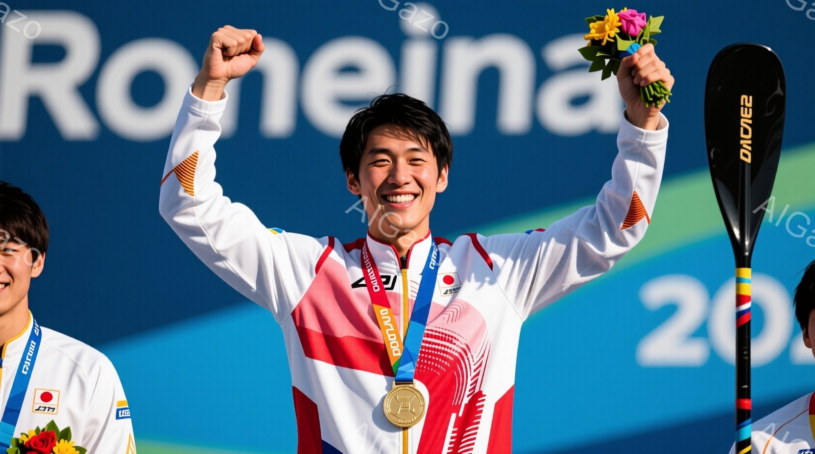 競技場で金メダルを獲得した日本のカヌー選手が、満面の笑みで両手を高く上げた瞬間を捉えています。彼は白いカヌーユニフォームに日本の国旗のマークと赤いアクセントがあり、短髪でエネルギッシュな表情をしていま - AI生成フリー素材