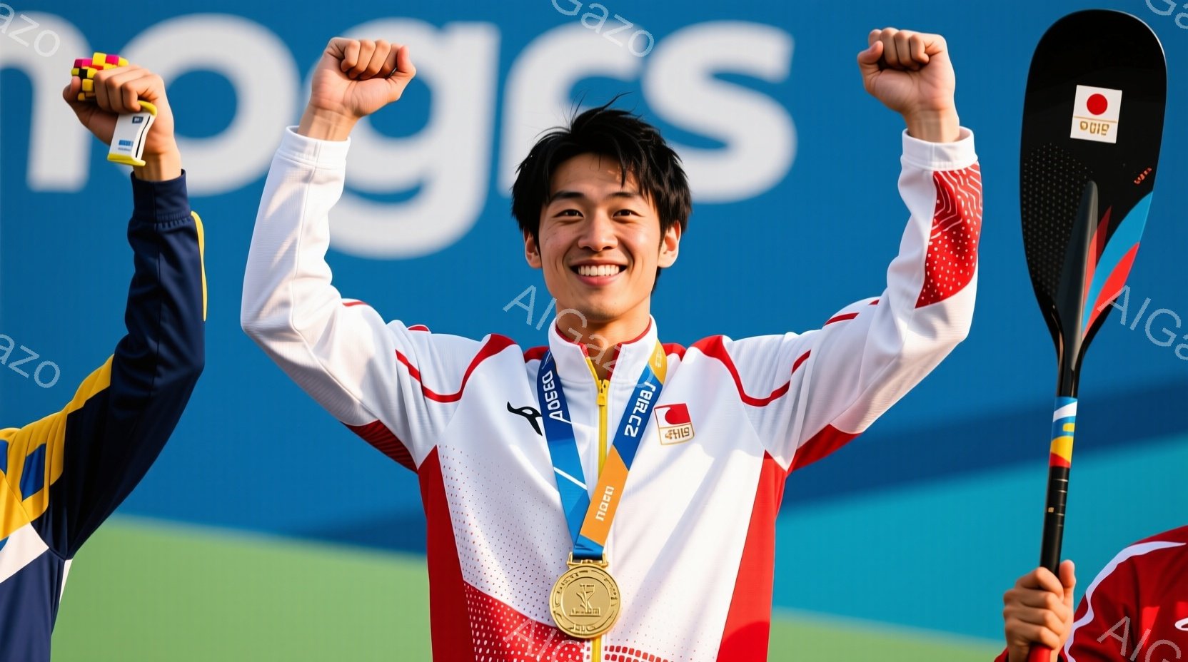 白い競技服を着た若い男性が、金色のメダルを首にかけて勝利の雄姿を見せています。彼は満面の笑みを浮かべ、両腕を高々と掲げて喜んでいます。背景には、観客席の一部と、青空が広がっており、競技会場の活気と晴天 - AI生成フリー素材