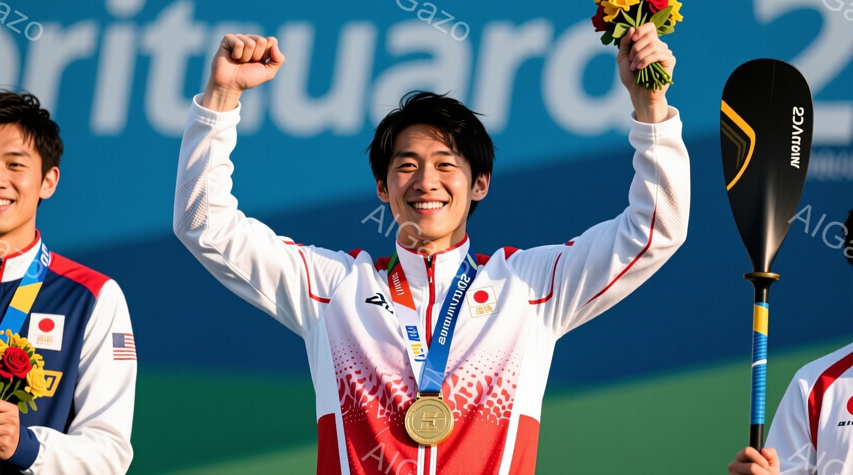 金メダルを獲得した日本のカヌー選手が、両手を高く上げて喜びを表している様子を捉えています。白いカヌー競技用のユニフォームに、日本の国旗をイメージした赤と白の模様が施され、首には金メダル、肩にはリボンが掛かっています。背景には観客席や建物が見え、晴天の下、勝利の瞬間を祝福する活気ある雰囲気が伝わってきます。