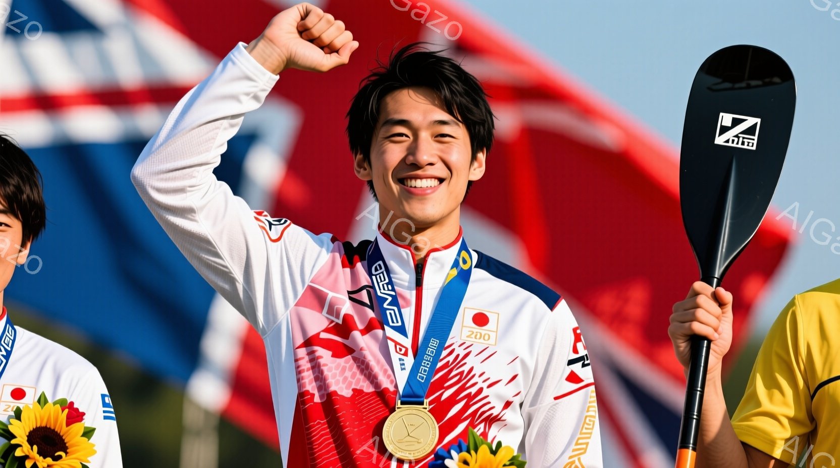 日本のカヌースプリント選手が金メダルを獲得し、満面の笑みを浮かべている様子を捉えています。白地に赤と青の模様が入ったカヌースプリントのユニフォームを着用し、金色のメダルを首にかけています。背景には、日の光が差し込む青空と、日本の国旗、そして観客席の一部が見え、勝利の喜びと熱気が伝わってきます。