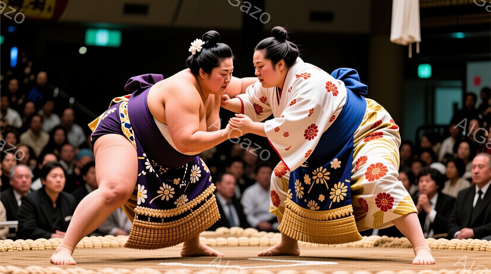 两位力士在土俵（相扑场）上正面交锋，身着装饰有白色花纹的 Mawashi（力士腰带），姿势低沉，肌肉紧绷，准备进行一场激烈的相扑比赛。他们的头发高高束起，形成独特的传统发髻，脸上表情严肃专注，显示出极 - AI生成フリー素材