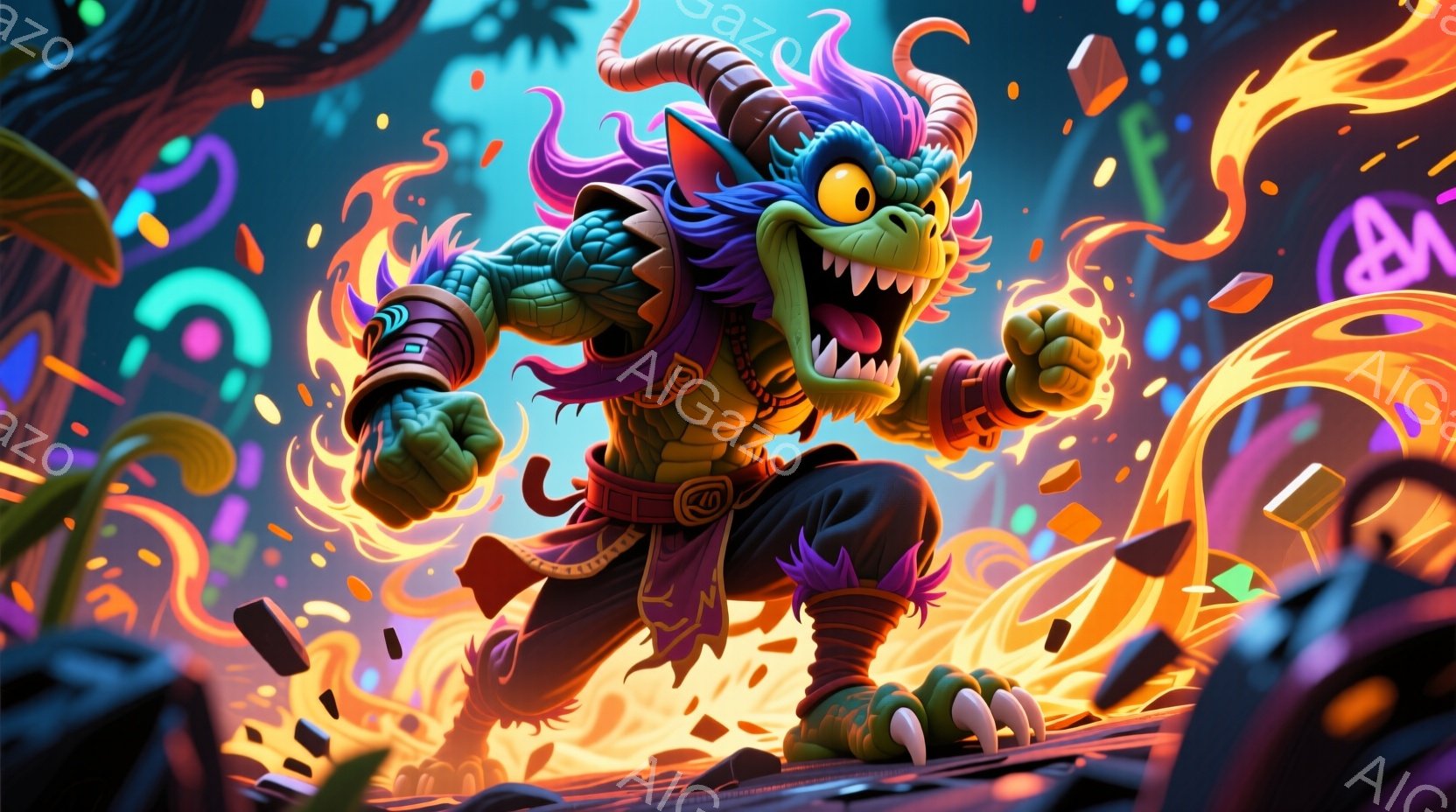 燃えるような背景を前に、緑色の肌を持つ、角と牙を持つキャラクターが躍動的に走り出している。赤い装飾が施された衣装を身につけ、紫色の髪型は逆立ち、激しい表情で口を開けている。背景には、燃え上がる炎や崩れた瓦礫、そして抽象的な建造物があり、活気に満ちた、混沌とした雰囲気を醸し出している。