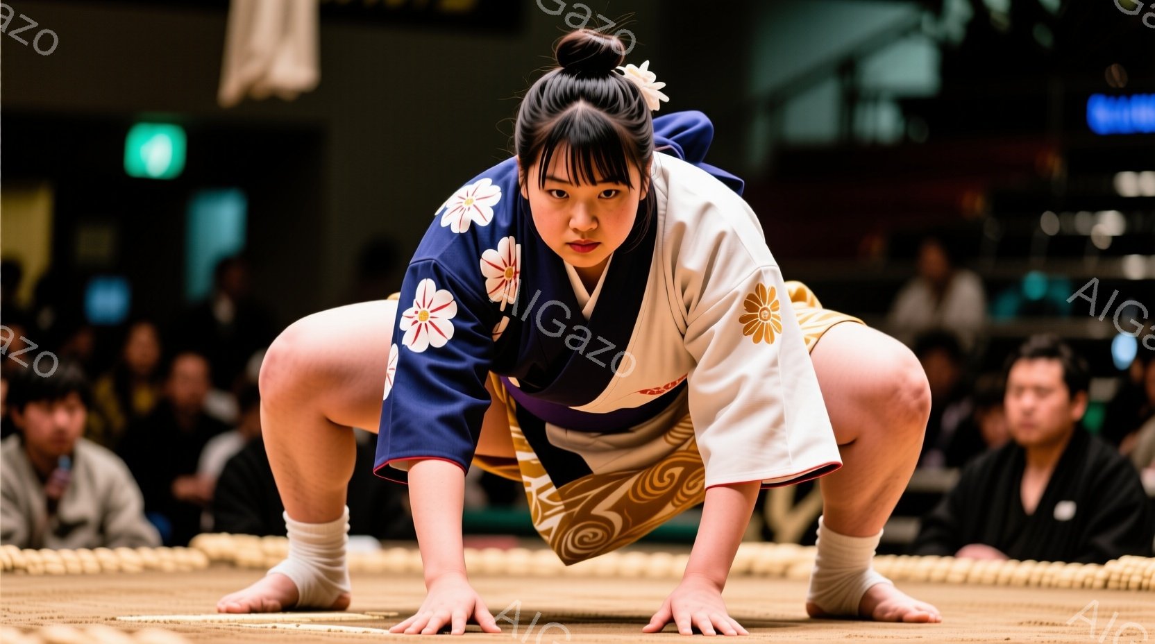 少女は相撲の構えで土俵に膝をついています。紺地に白の花模様の相撲甚句と、金色の帯が印象的で、髷（まげ）を結い、真剣な表情を浮かべています。土俵の周囲には観客が座っており、競技会場の活気ある雰囲気が伝わ - AI生成フリー素材