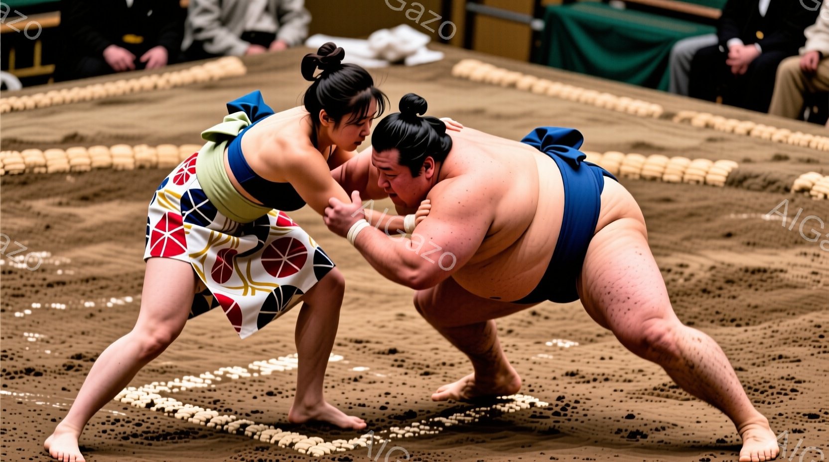 決まり所のような土俵上で、力士二人が組み付いている様子が写っています。一人は鮮やかな花柄の廻しを締め、髪は丁髷（ちょんまげ）に結い上げています。もう一人は紺色の廻しを締め、力強い表情で相手に食い込もう - AI生成フリー素材