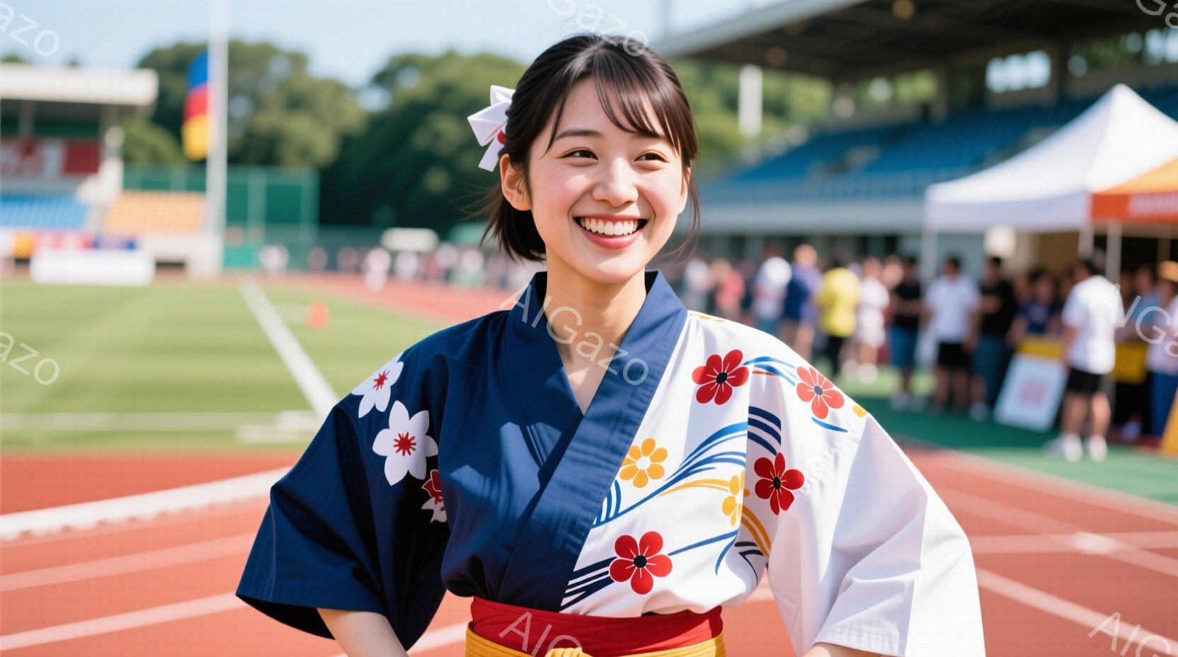 紺色の縁取りと白地に赤い花と黄色の模様が描かれた着物を着た女性が写っている。彼女は笑顔でカメラを見つめ、黒髪を後ろで軽くまとめており、姿勢も優雅だ。背景にはトラック競技場と観客席、そして晴れた空が広が - AI生成フリー素材