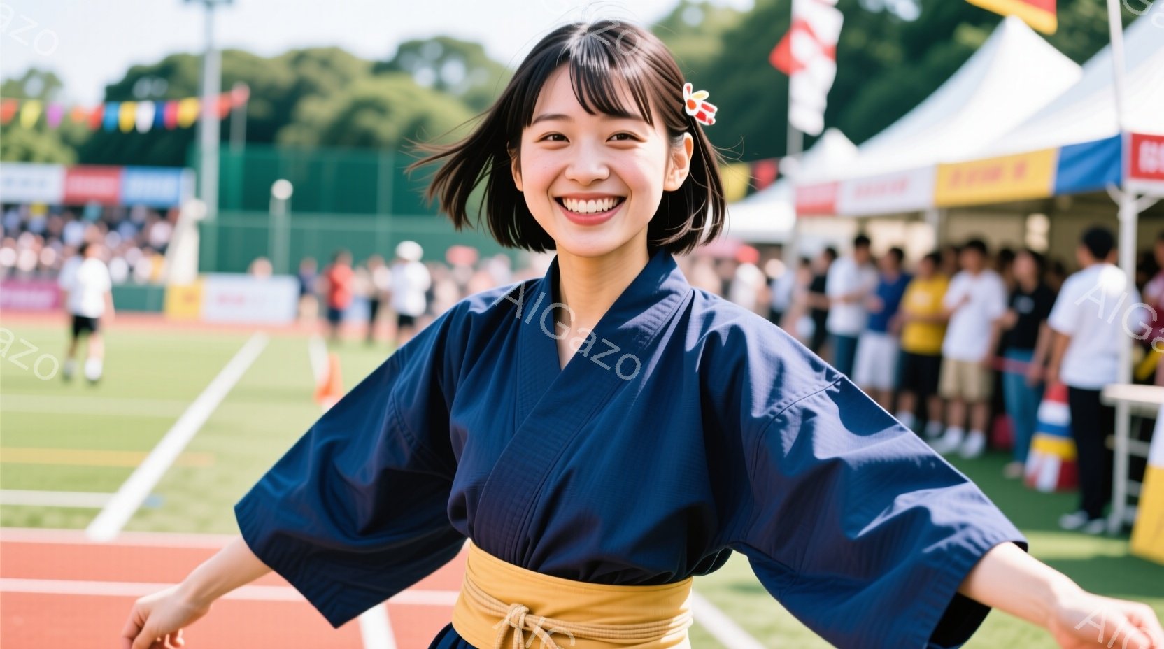 深い青色の着物姿の女性が、競技場のトラック上で両手を広げて笑顔を浮かべている。彼女は短い黒髪に花飾りをつけ、明るい黄色い帯でウエストを締めている。背景には緑の芝生、観客席、そしてテントが見え、晴れた日 - AI生成フリー素材