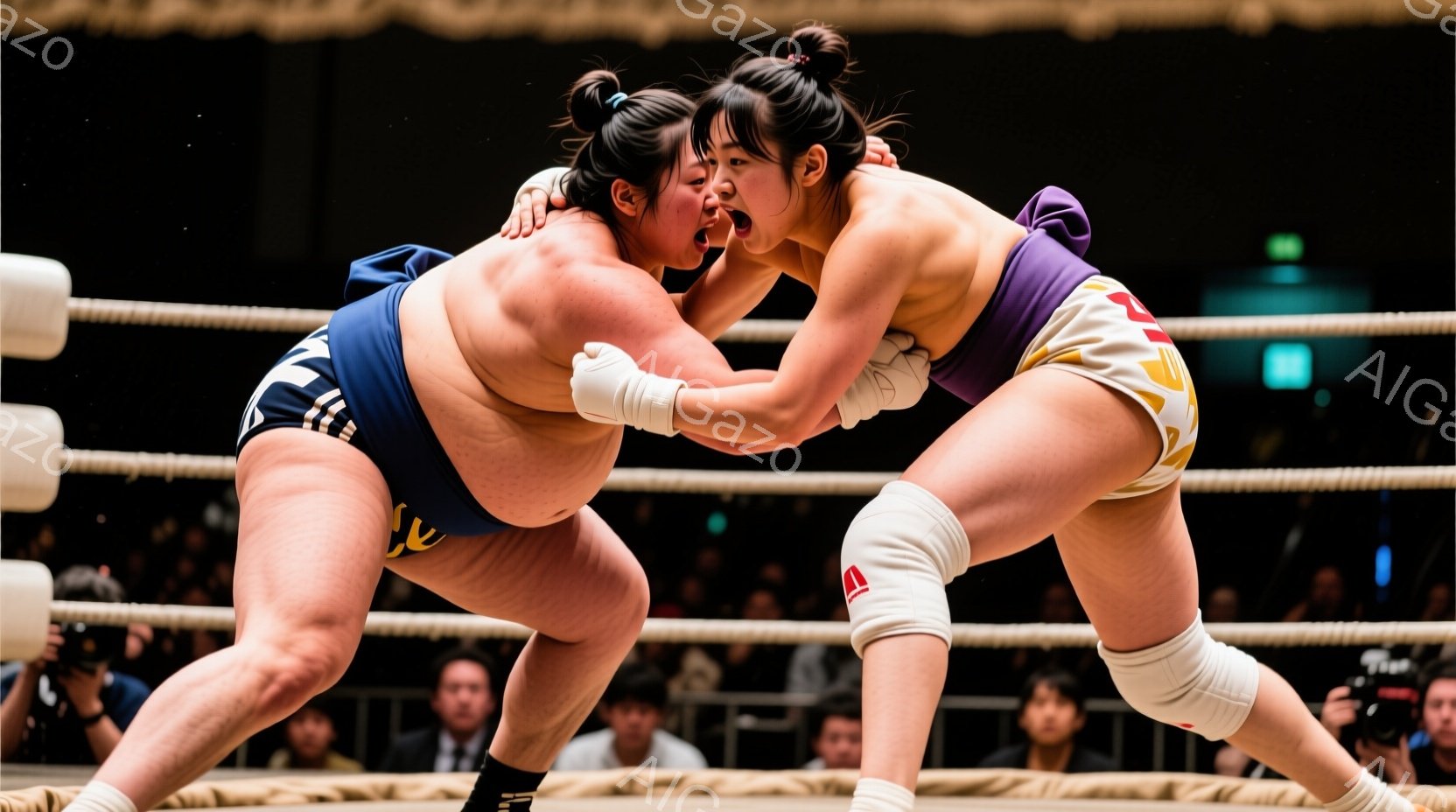 競技場の中央で、力士二人が激しい相撲の組み合いをしている様子が写っている。片方の力士は濃い青色の廻しに赤い装飾が施され、もう片方はピンク色の廻しに白い模様が入っている。両者とも髪を髷（ちょんまげ）にま - AI生成フリー素材