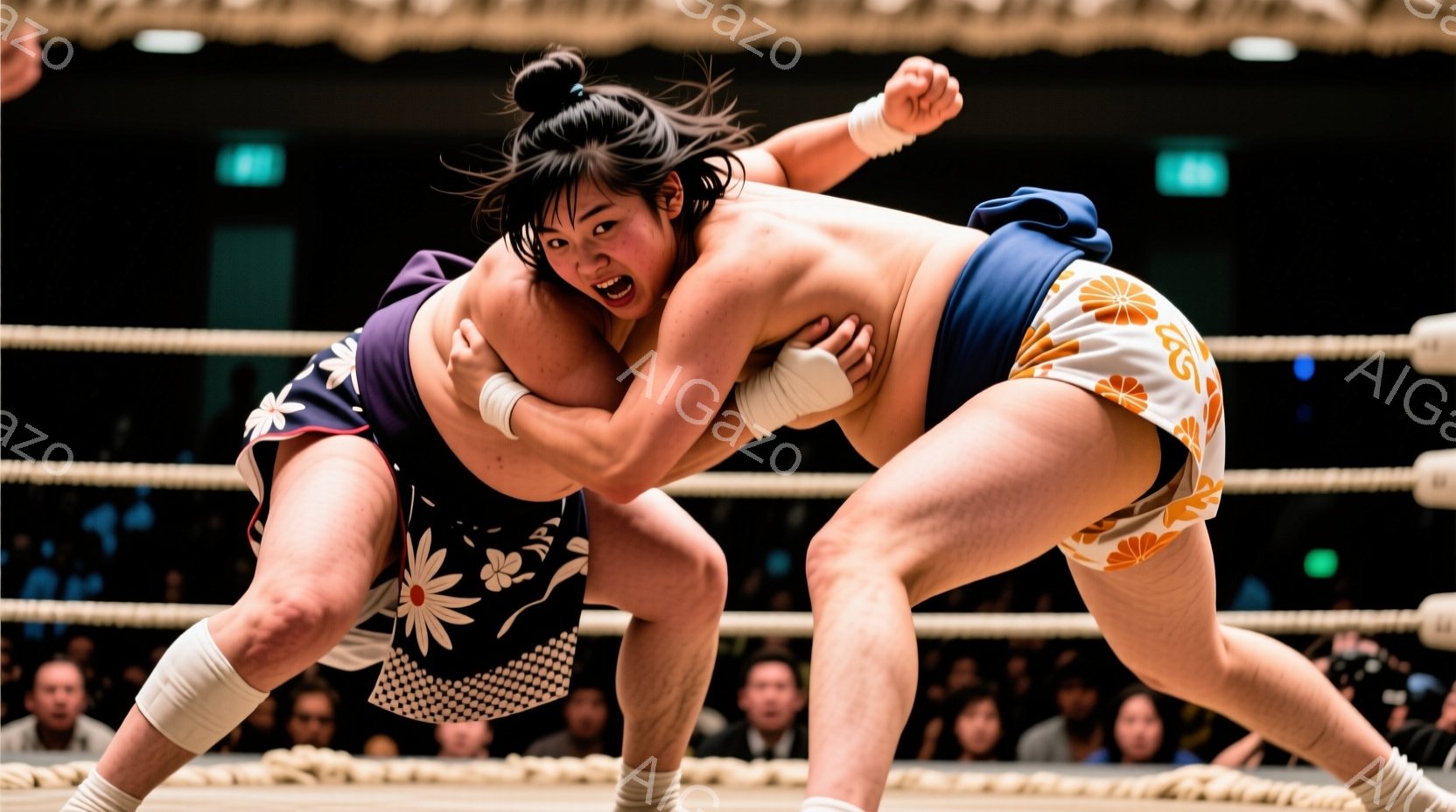 力士二人が相撲の取り組み中で、激しい組み合いをしている様子が捉えられています。一人は黒地に白の花模様の廻し、もう一人はオレンジと金色の模様の廻しを締め、力強い表情で相手に組み付いています。背景にはぼやけた観客席が見え、競技場のリングとロープが確認できます。