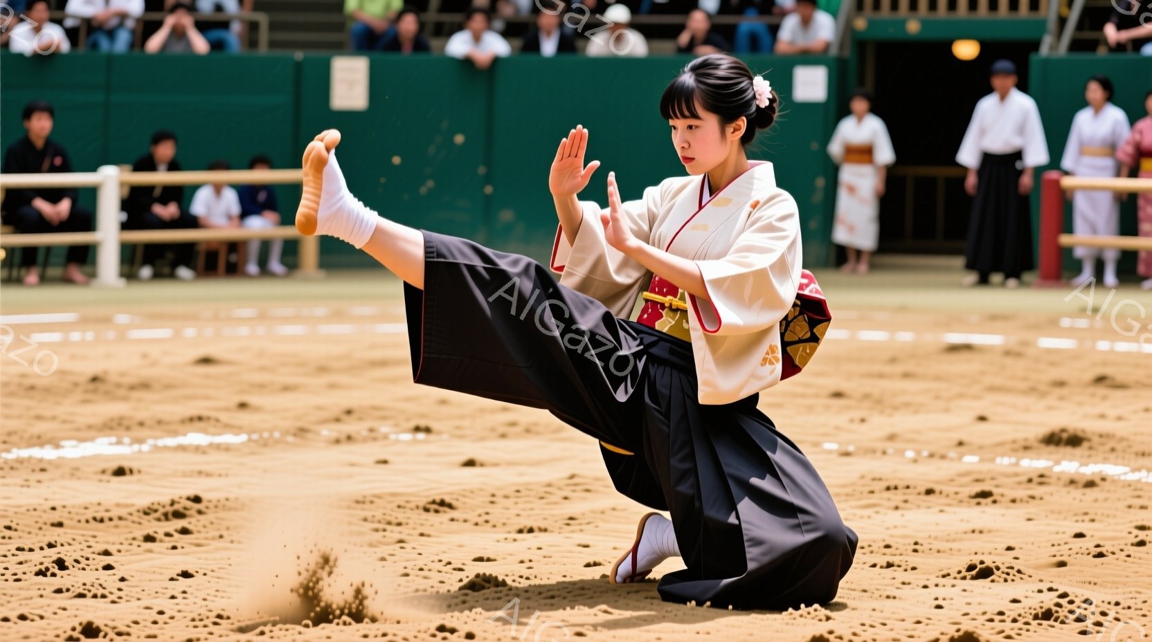 土俵の上で、黒色の袴と白とピンクの着物を着た女性が、片足を高く上げて伝統的な舞踊を行っています。彼女は手を優雅に広げ、集中した表情でその動きを表現しています。背景には観客席と土俵を取り囲む柵が見え、晴天の下、活気ある祭りの雰囲気が伝わってきます。